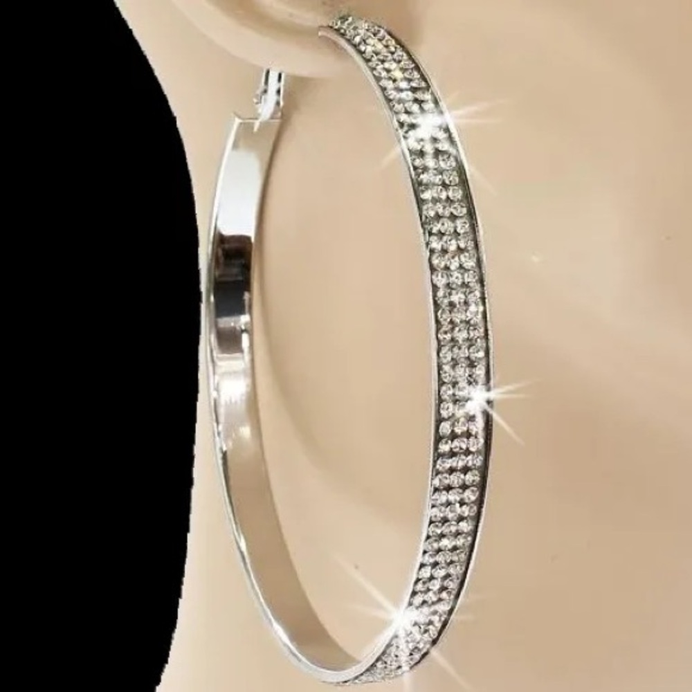 3.2" New Long Pave Silver rhinestone CZ statement Crystal Outside Hoop Earrings